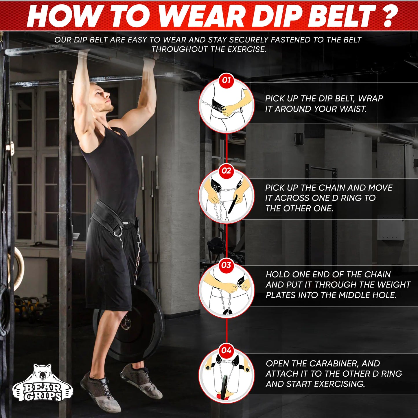 Bear Grips Dip Belt for Weightlifting - Workout Equipment Squat Waist Belt with Chain for Men and Women - Strength Training Equipment Dipping Belt for Powerlifting Pull Ups Squat Dips Deadlift
