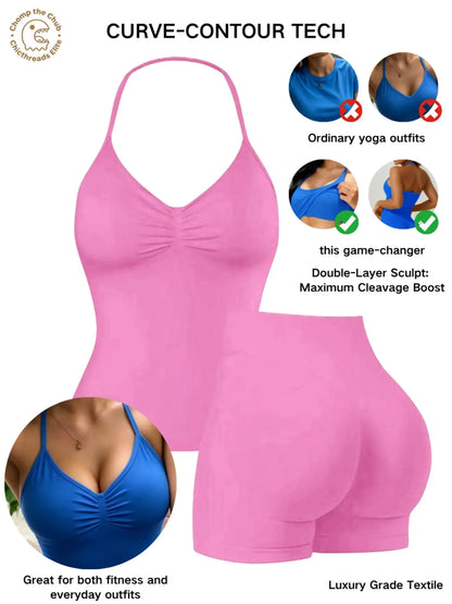 Bootie Lifting & Snatched Waist Yoga Set, Halter Ruched Top + High Waist Sculpting Shorts, Ideal for Gym, Yoga, Activewear, Gym Workout Set, High Stretch Sporty, Gym Clothes Workout