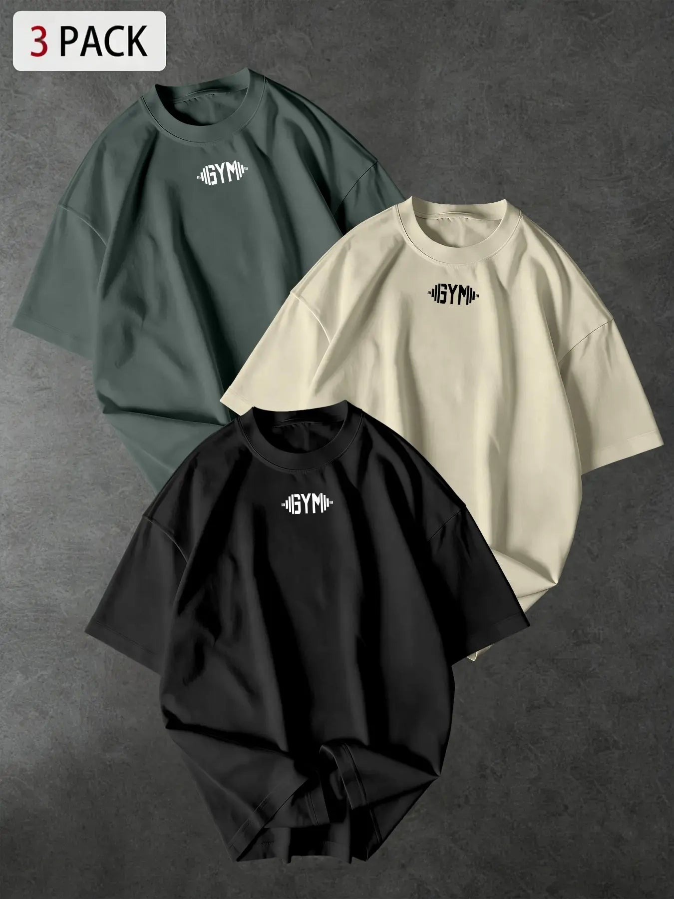 3-Pack Unisex Oversized Gym Tees with Minimalist "GYM" Chest Print, Casual Streetwear for Workout & Daily Wear, Gym Shirt, Activewear Fitness T Shirt, Gym T Shirts