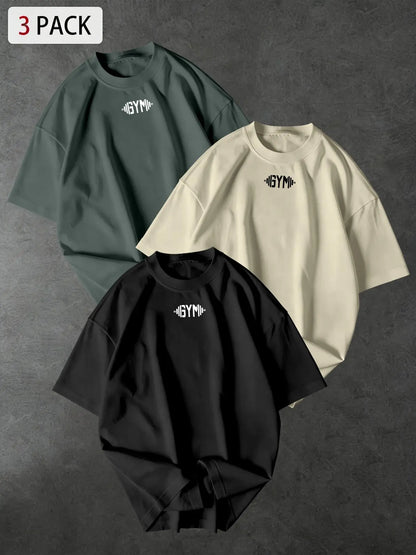 3-Pack Unisex Oversized Gym Tees with Minimalist "GYM" Chest Print, Casual Streetwear for Workout & Daily Wear, Gym Shirt, Activewear Fitness T Shirt, Gym T Shirts
