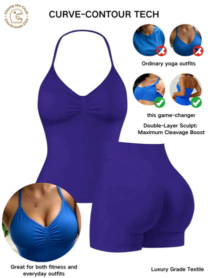 Bootie Lifting & Snatched Waist Yoga Set, Halter Ruched Top + High Waist Sculpting Shorts, Ideal for Gym, Yoga, Activewear, Gym Workout Set, High Stretch Sporty, Gym Clothes Workout