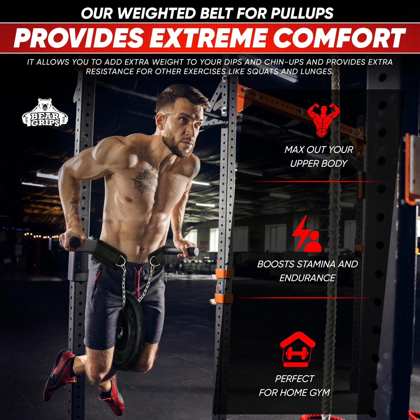 Bear Grips Dip Belt for Weightlifting - Workout Equipment Squat Waist Belt with Chain for Men and Women - Strength Training Equipment Dipping Belt for Powerlifting Pull Ups Squat Dips Deadlift