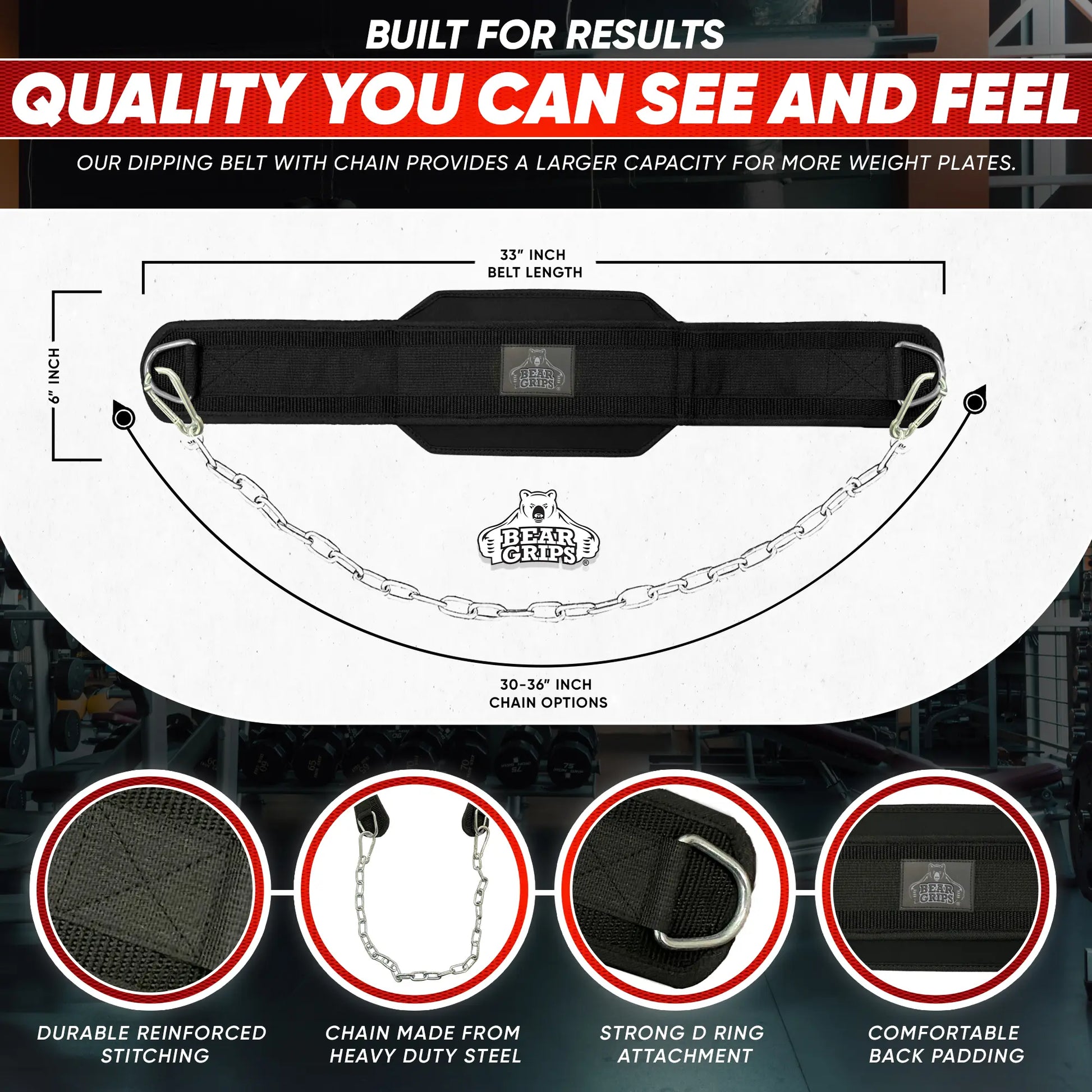 Bear Grips Dip Belt for Weightlifting - Workout Equipment Squat Waist Belt with Chain for Men and Women - Strength Training Equipment Dipping Belt for Powerlifting Pull Ups Squat Dips Deadlift