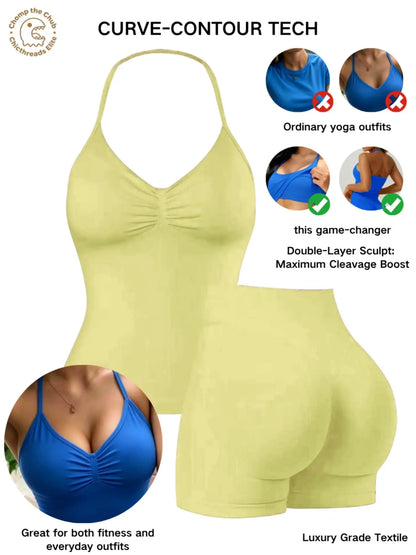 Bootie Lifting & Snatched Waist Yoga Set, Halter Ruched Top + High Waist Sculpting Shorts, Ideal for Gym, Yoga, Activewear, Gym Workout Set, High Stretch Sporty, Gym Clothes Workout