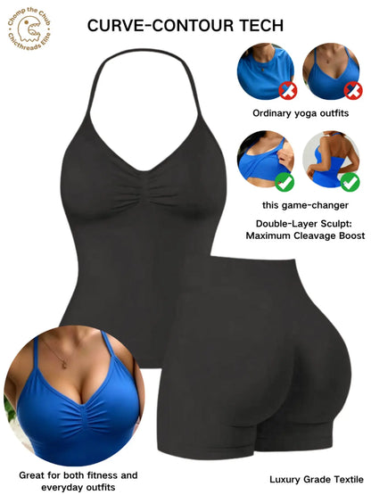 Bootie Lifting & Snatched Waist Yoga Set, Halter Ruched Top + High Waist Sculpting Shorts, Ideal for Gym, Yoga, Activewear, Gym Workout Set, High Stretch Sporty, Gym Clothes Workout