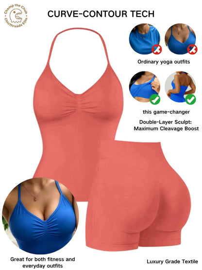 Bootie Lifting & Snatched Waist Yoga Set, Halter Ruched Top + High Waist Sculpting Shorts, Ideal for Gym, Yoga, Activewear, Gym Workout Set, High Stretch Sporty, Gym Clothes Workout