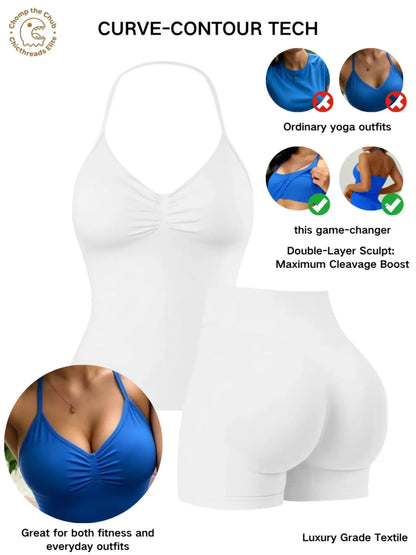 Bootie Lifting & Snatched Waist Yoga Set, Halter Ruched Top + High Waist Sculpting Shorts, Ideal for Gym, Yoga, Activewear, Gym Workout Set, High Stretch Sporty, Gym Clothes Workout