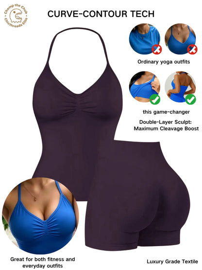 Bootie Lifting & Snatched Waist Yoga Set, Halter Ruched Top + High Waist Sculpting Shorts, Ideal for Gym, Yoga, Activewear, Gym Workout Set, High Stretch Sporty, Gym Clothes Workout