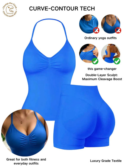 Bootie Lifting & Snatched Waist Yoga Set, Halter Ruched Top + High Waist Sculpting Shorts, Ideal for Gym, Yoga, Activewear, Gym Workout Set, High Stretch Sporty, Gym Clothes Workout