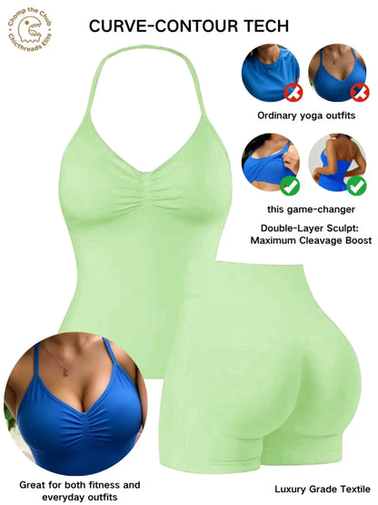Bootie Lifting & Snatched Waist Yoga Set, Halter Ruched Top + High Waist Sculpting Shorts, Ideal for Gym, Yoga, Activewear, Gym Workout Set, High Stretch Sporty, Gym Clothes Workout