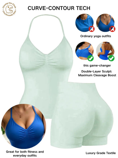 Bootie Lifting & Snatched Waist Yoga Set, Halter Ruched Top + High Waist Sculpting Shorts, Ideal for Gym, Yoga, Activewear, Gym Workout Set, High Stretch Sporty, Gym Clothes Workout