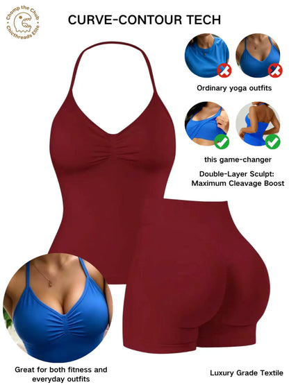 Bootie Lifting & Snatched Waist Yoga Set, Halter Ruched Top + High Waist Sculpting Shorts, Ideal for Gym, Yoga, Activewear, Gym Workout Set, High Stretch Sporty, Gym Clothes Workout