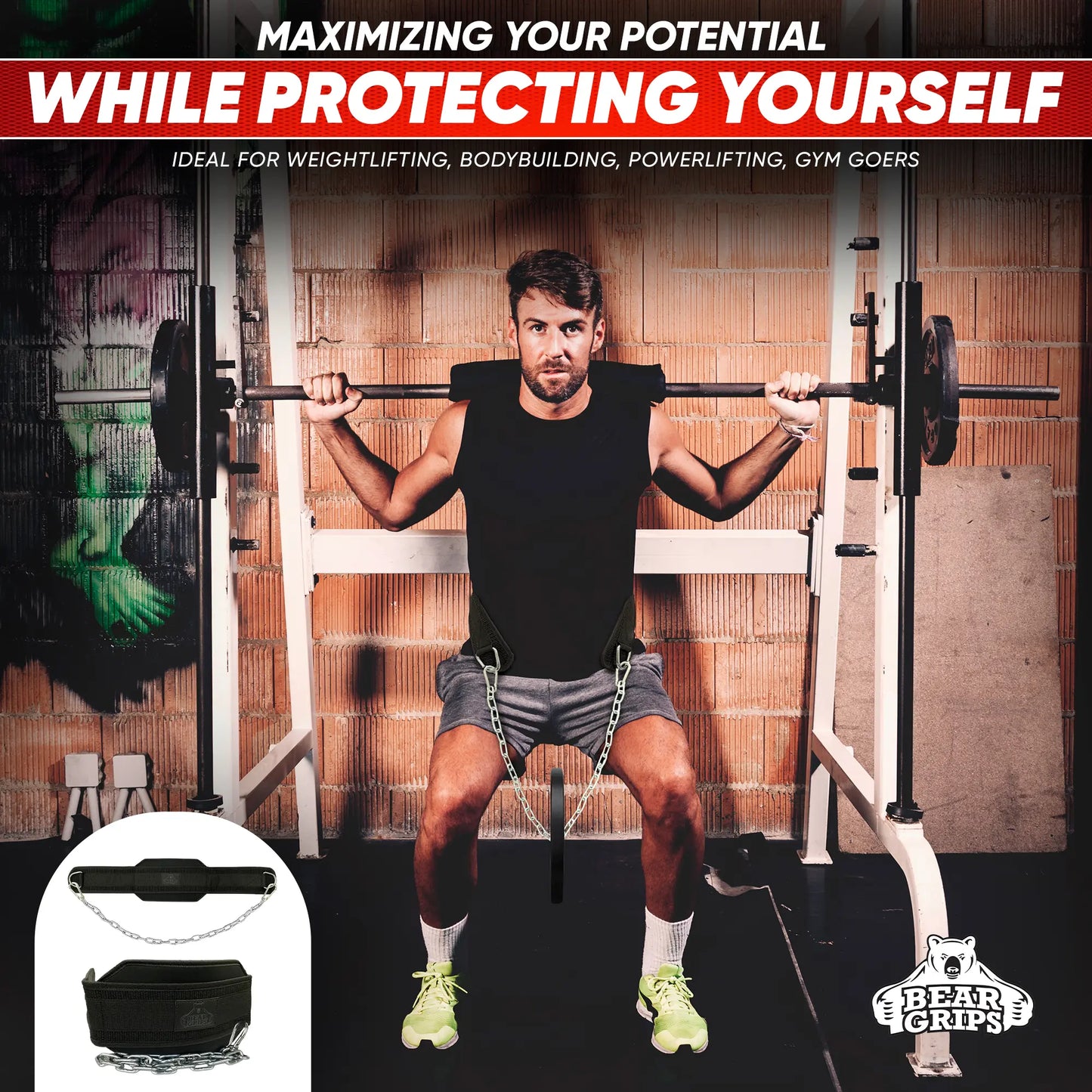 Bear Grips Dip Belt for Weightlifting - Workout Equipment Squat Waist Belt with Chain for Men and Women - Strength Training Equipment Dipping Belt for Powerlifting Pull Ups Squat Dips Deadlift