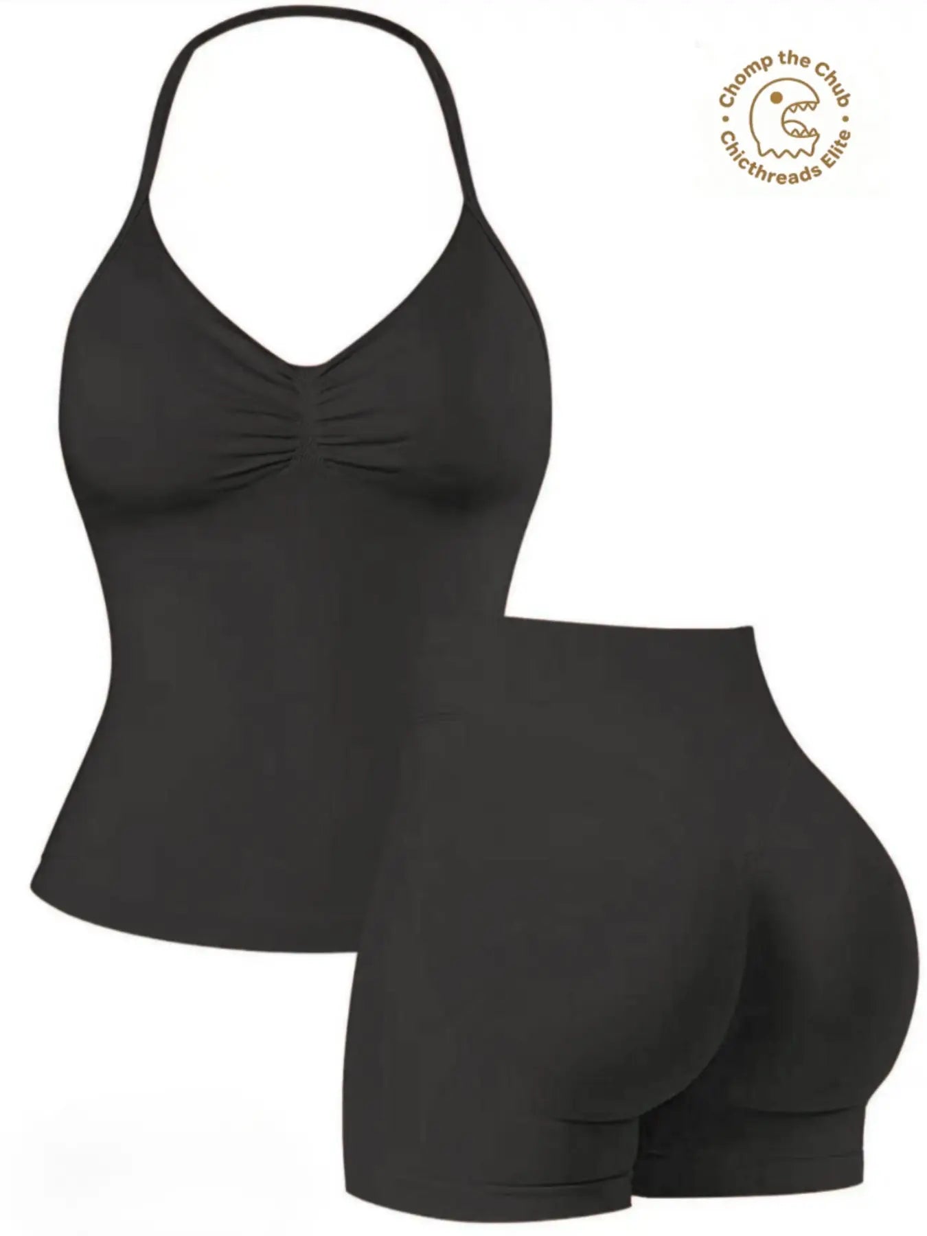 Bootie Lifting & Snatched Waist Yoga Set, Halter Ruched Top + High Waist Sculpting Shorts, Ideal for Gym, Yoga, Activewear, Gym Workout Set, High Stretch Sporty, Gym Clothes Workout