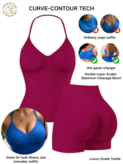 Bootie Lifting & Snatched Waist Yoga Set, Halter Ruched Top + High Waist Sculpting Shorts, Ideal for Gym, Yoga, Activewear, Gym Workout Set, High Stretch Sporty, Gym Clothes Workout