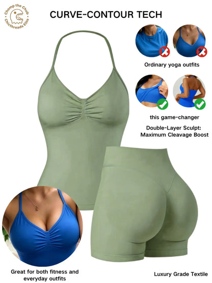 Bootie Lifting & Snatched Waist Yoga Set, Halter Ruched Top + High Waist Sculpting Shorts, Ideal for Gym, Yoga, Activewear, Gym Workout Set, High Stretch Sporty, Gym Clothes Workout