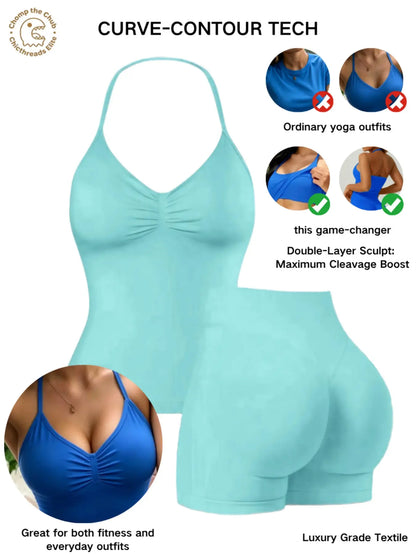 Bootie Lifting & Snatched Waist Yoga Set, Halter Ruched Top + High Waist Sculpting Shorts, Ideal for Gym, Yoga, Activewear, Gym Workout Set, High Stretch Sporty, Gym Clothes Workout
