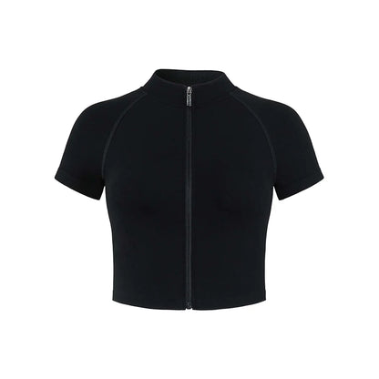AUROLA Power Short Sleeve Zippy Ribbed Active Shirt for Women, Seamless Longline Workout T‑Shirt Athletic Yoga Zip up Top