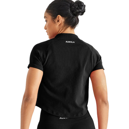 AUROLA Power Short Sleeve Zippy Ribbed Active Shirt for Women, Seamless Longline Workout T‑Shirt Athletic Yoga Zip up Top