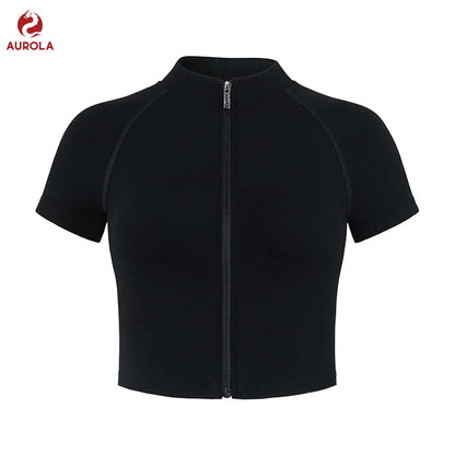 AUROLA Power Short Sleeve Zippy Ribbed Active Shirt for Women, Seamless Longline Workout T‑Shirt Athletic Yoga Zip up Top