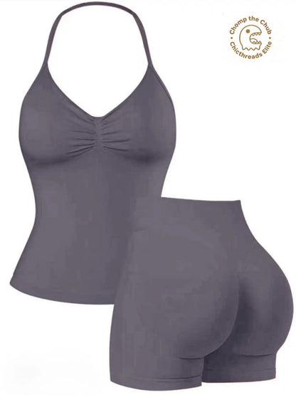 Bootie Lifting & Snatched Waist Yoga Set, Halter Ruched Top + High Waist Sculpting Shorts, Ideal for Gym, Yoga, Activewear, Gym Workout Set, High Stretch Sporty, Gym Clothes Workout