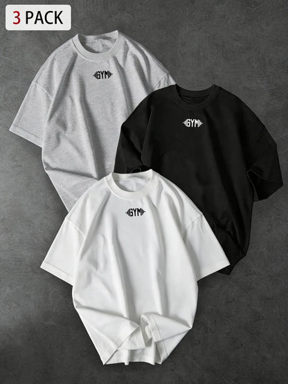 3-Pack Unisex Oversized Gym Tees with Minimalist "GYM" Chest Print, Casual Streetwear for Workout & Daily Wear, Gym Shirt, Activewear Fitness T Shirt, Gym T Shirts