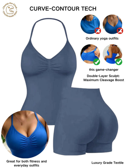 Bootie Lifting & Snatched Waist Yoga Set, Halter Ruched Top + High Waist Sculpting Shorts, Ideal for Gym, Yoga, Activewear, Gym Workout Set, High Stretch Sporty, Gym Clothes Workout