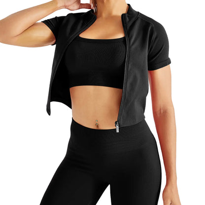 AUROLA Power Short Sleeve Zippy Ribbed Active Shirt for Women, Seamless Longline Workout T‑Shirt Athletic Yoga Zip up Top
