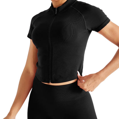 AUROLA Power Short Sleeve Zippy Ribbed Active Shirt for Women, Seamless Longline Workout T‑Shirt Athletic Yoga Zip up Top