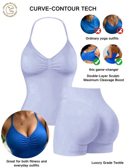 Bootie Lifting & Snatched Waist Yoga Set, Halter Ruched Top + High Waist Sculpting Shorts, Ideal for Gym, Yoga, Activewear, Gym Workout Set, High Stretch Sporty, Gym Clothes Workout