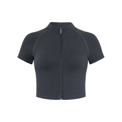 AUROLA Power Short Sleeve Zippy Ribbed Active Shirt for Women, Seamless Longline Workout T‑Shirt Athletic Yoga Zip up Top